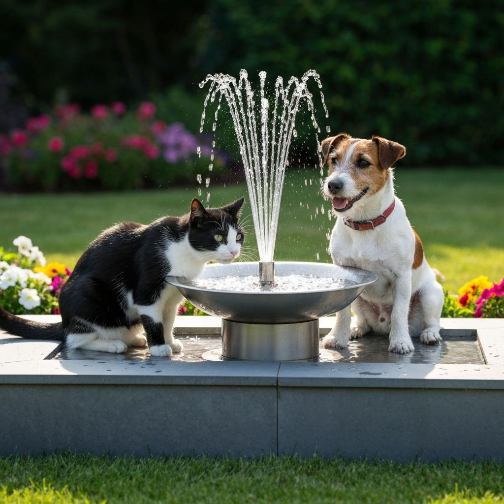 Happy pets drinking from fountain